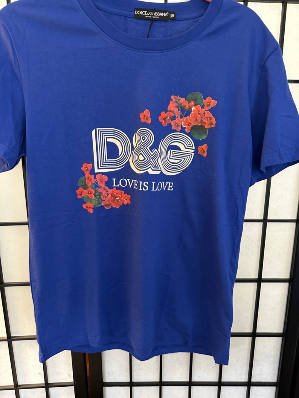 Dolce & Gabbana Blue D&G 'Love Is Love' Tee with Red Floral Accents
